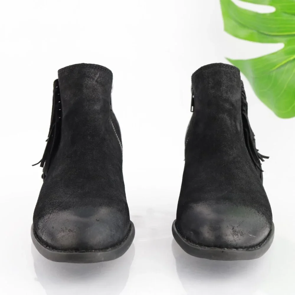Born Womens Danni Boots Size 11 Black Suede Distress Fringe Booties‎ Block Heels